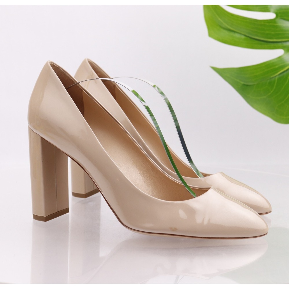 M. GEMI Shoes Womens Lustro Pump Size 40.5 9.5 Nude Tan Patent Block Heel Italy
